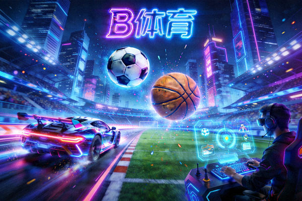B体育游戏主视觉 - 融合足球、篮球、赛车与电竞元素的赛博都市赛场