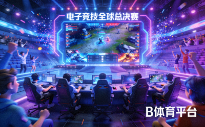 B体育平台电子竞技全球总决赛主视觉图 - 未来感十足的虚拟竞技场中，两支战队正在激烈对决