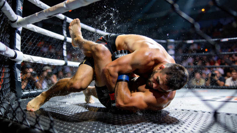 UFC最新头条主赛精彩对决瞬间 - 两位选手在八角笼内激烈缠斗