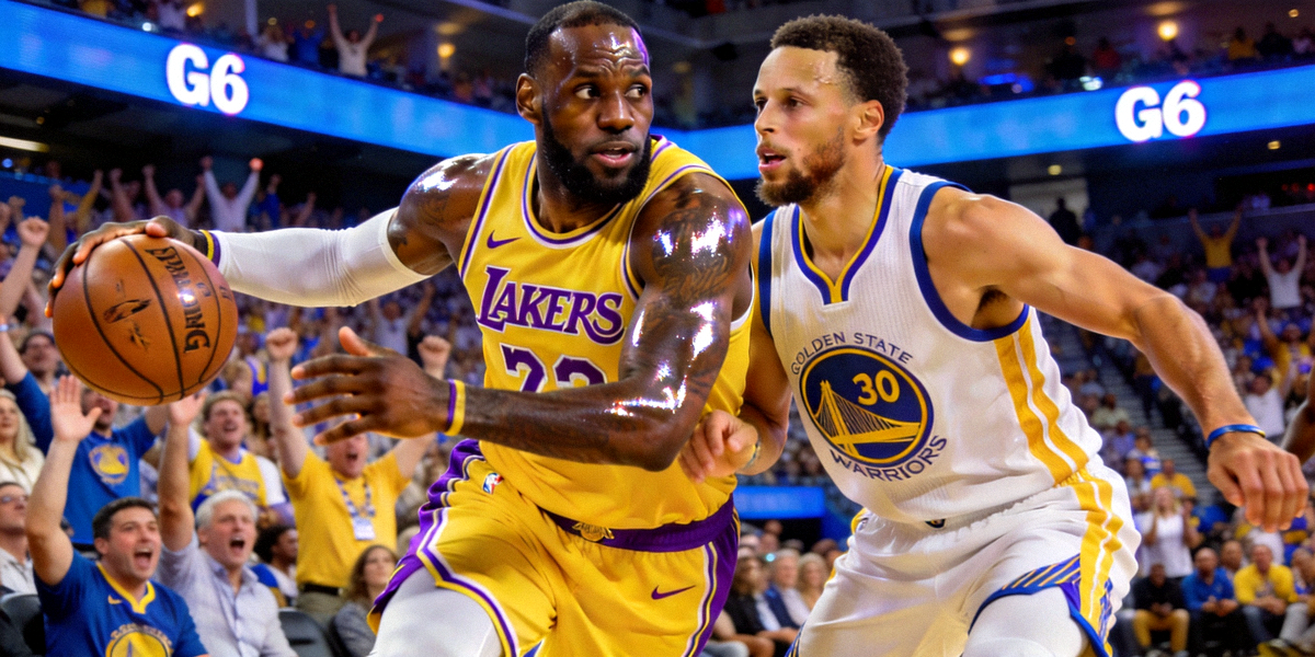 NBA季后赛湖人队与勇士队G6生死战激烈对抗瞬间，勒布朗·詹姆斯与斯蒂芬·库里同场竞技