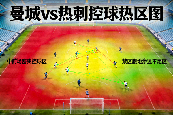 曼城对阵热刺比赛中的控球热区图，显示在中前场大量控球但禁区腹地渗透不足