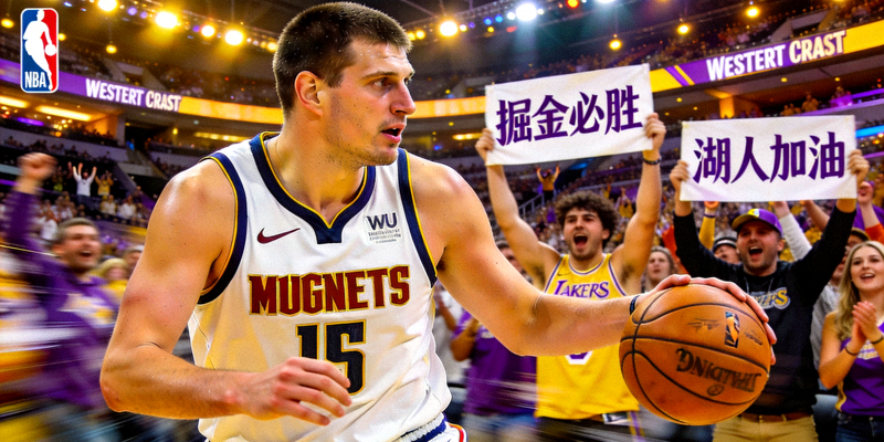 NBA西部决赛掘金对阵湖人，约基奇持球进攻特写，背景为球场与观众