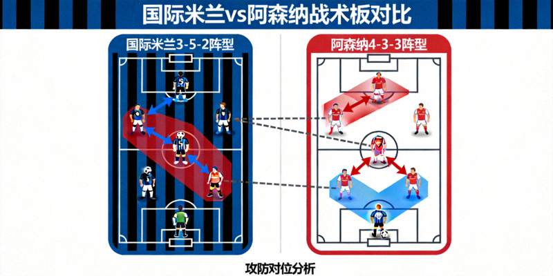 国际米兰与阿森纳战术板对比图，展示国米3-5-2阵型与阿森纳4-3-3阵型的攻防对位