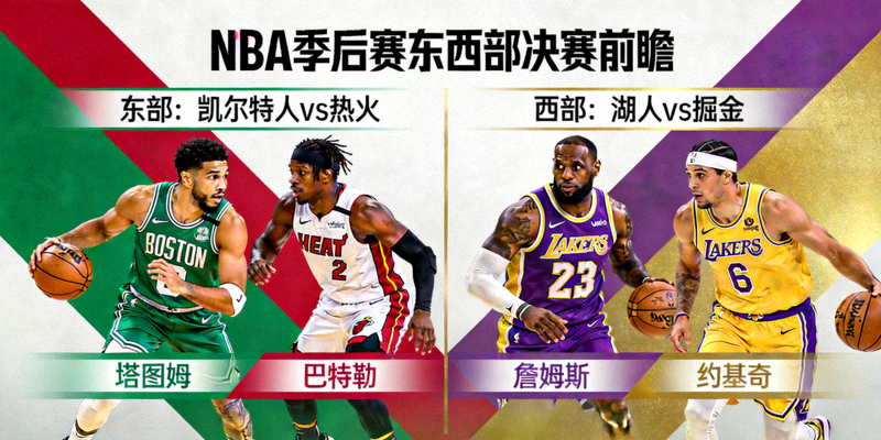 NBA季后赛东西部决赛前瞻横幅，展示东部凯尔特人对阵热火与西部湖人对阵掘金的球星对决概念图
