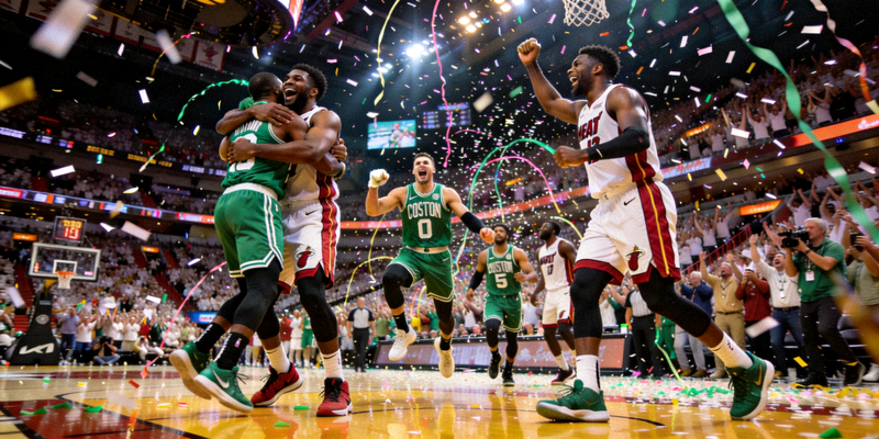 NBA东部决赛G7凯尔特人球员在终场哨响瞬间激情庆祝绝杀热火，背景是沸腾的球馆与飘落的彩带